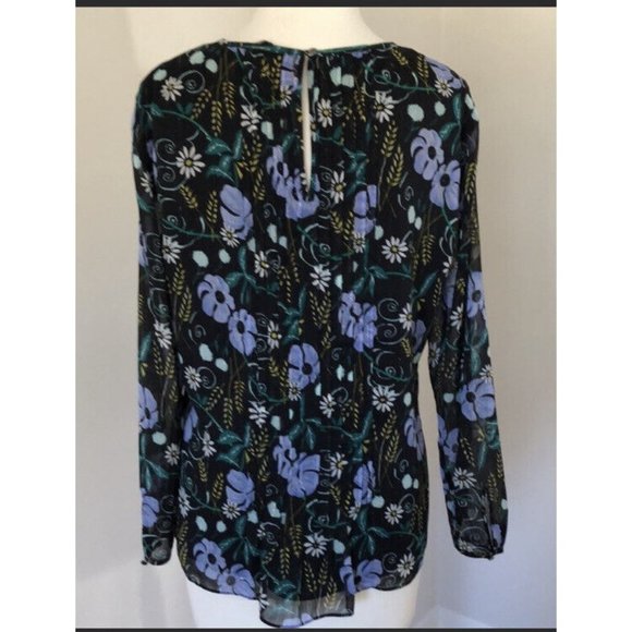Banana Republic M Boho Blouse Floral Ruffle Pleats Medium Black Blue Green Daisy - Picture 6 of 8